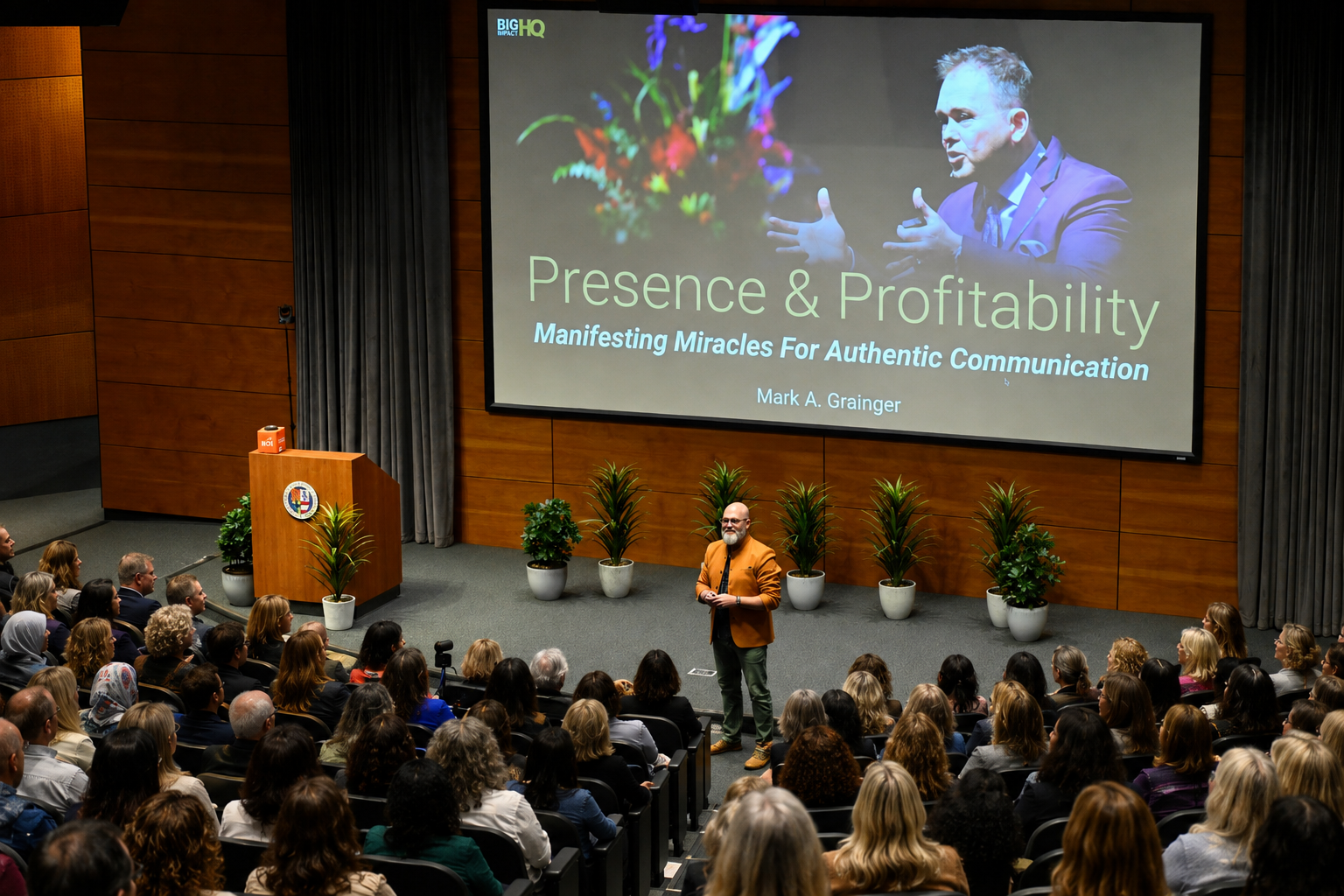 Mark A. Grainger presenting Presence & Profitability to a packed auditorium
