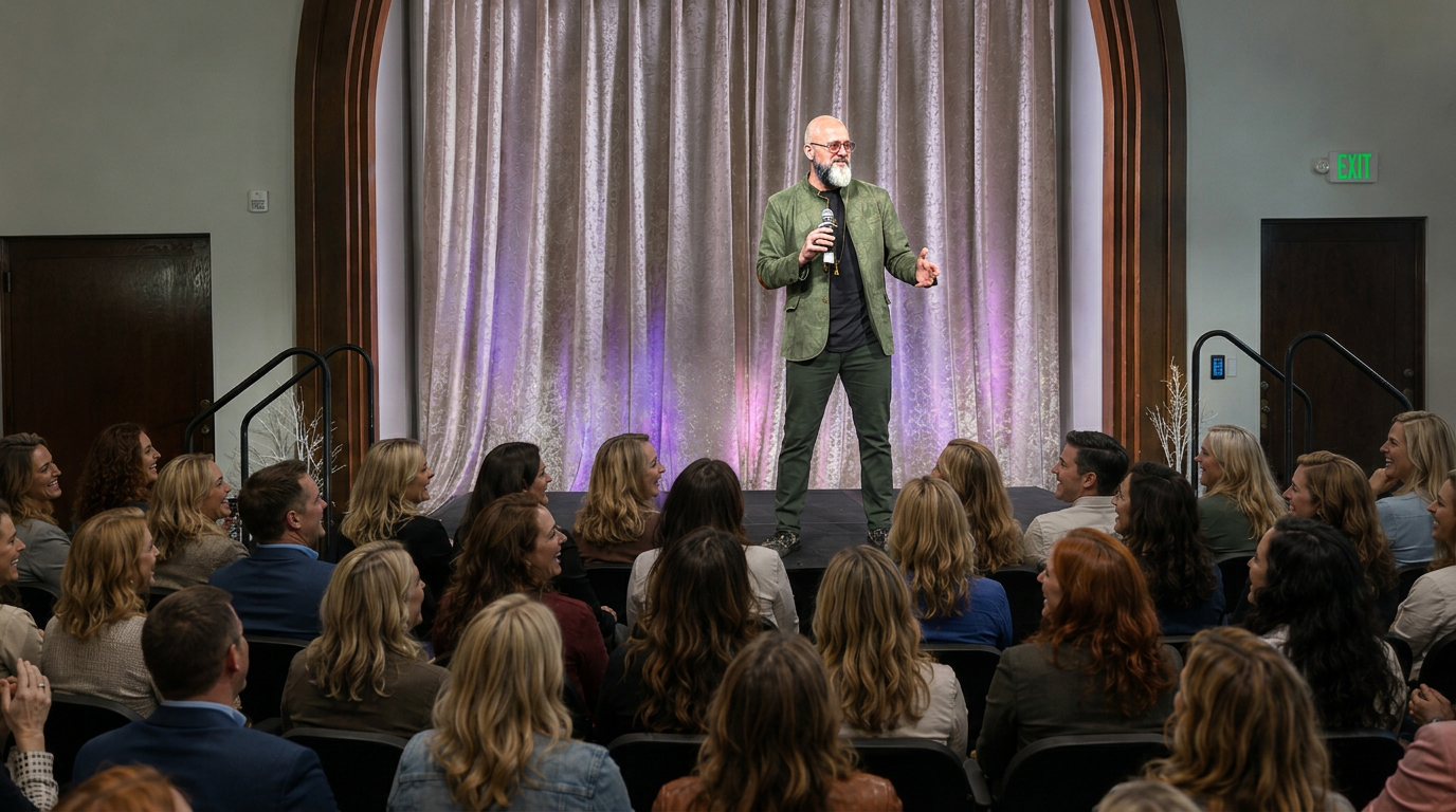 Mark A. Grainger speaking on stage to a full room
